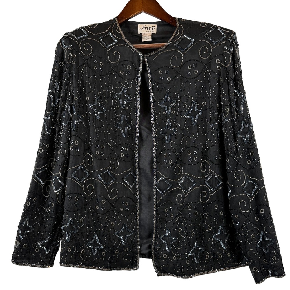 VINTAGE JMD New York Womens L Black 100% Silk Beaded Sequin Evening Jacket